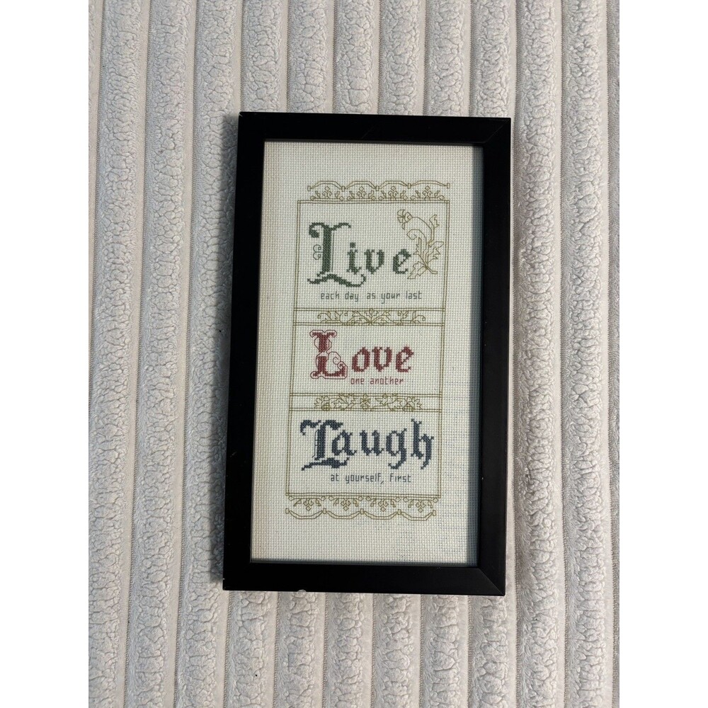 Vintage Wood Framed Cross Stitch “Live Love Laugh” grandmother cottagecore home